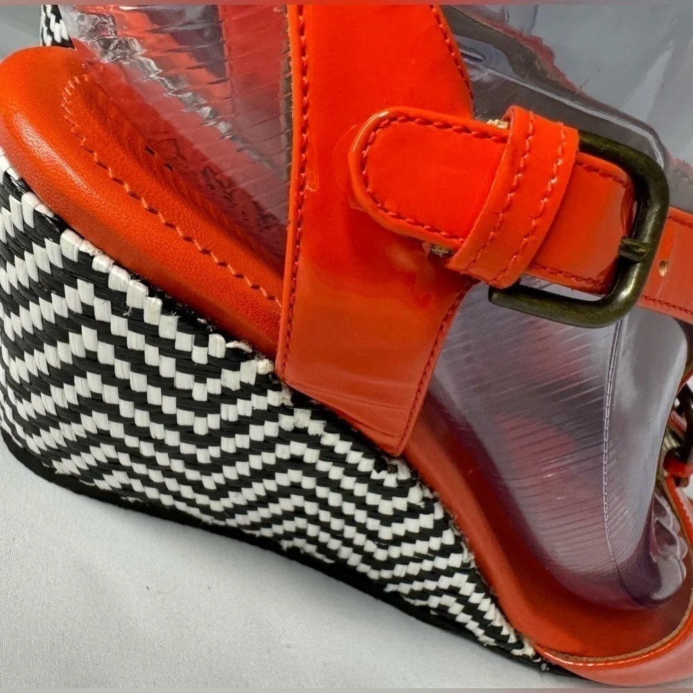 Anyi Lu Women’s Lola Red/Orange Patent Wedge Sandals Handmade in Italy Size 39